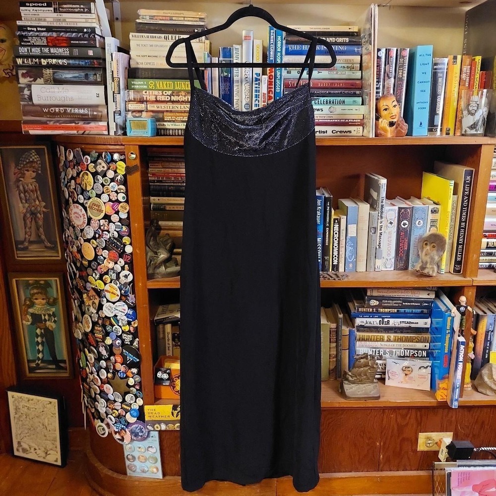 Molly Malloy Evening Dress Y2K Silver Sparkle Black Maxi Gown Made in USA 10
